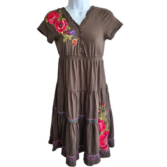 Johnny Was S brown Flora Embroidered Short Tiered‎ Dress - Picture 1 of 13